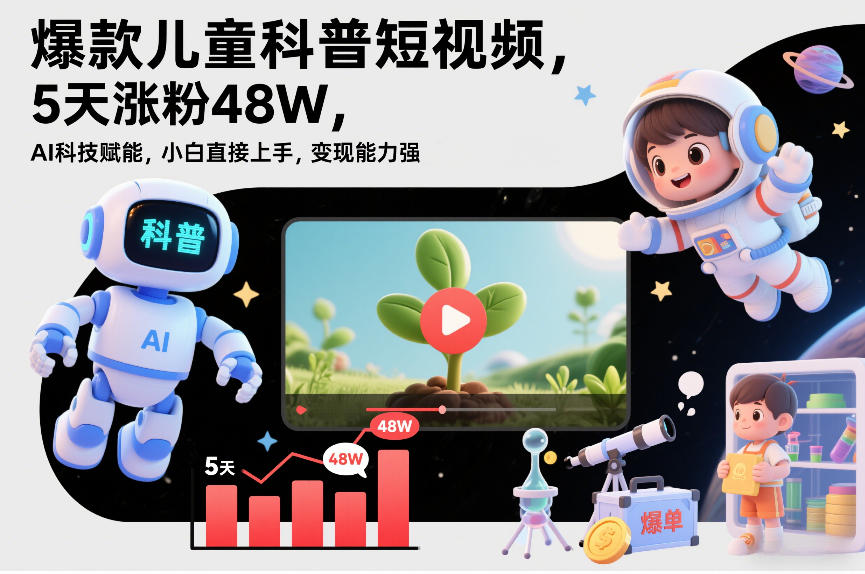 爆款儿童科普短视频,5天涨粉48W,AI科技赋能,小白直接上手,变现能力强,橱窗带货爆单不停-小目标云网创