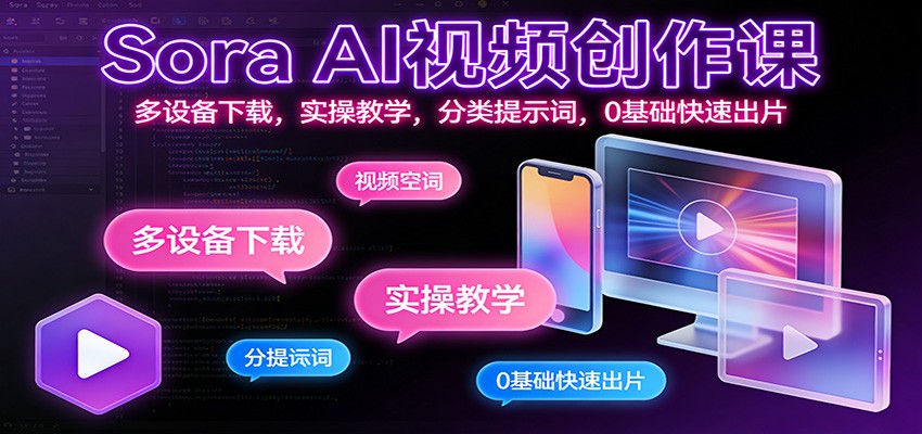 Sora AI视频创作课：多设备下载，实操教学，分类提示词，0基础快速出片-小目标云网创