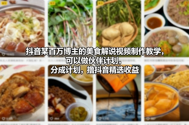抖音某百万博主的美食解说视频制作教学，可以做伙伴计划，分成计划，撸抖音精选收益-小目标云网创