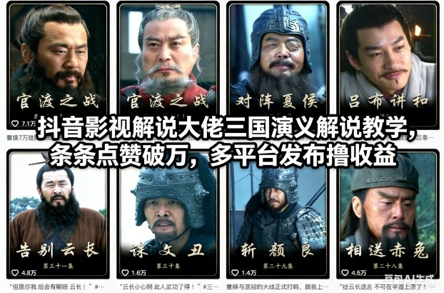 抖音影视解说大佬三国演义解说教学,条条点赞破万,多平台发布撸收益-小目标云网创