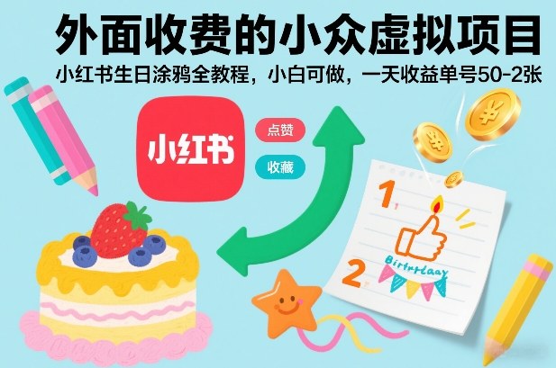 外面收费的小众虚拟项目，小红书生日涂鸦全教程，小白可做，一天收益单号50-2张-小目标云网创