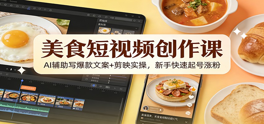 美食短视频创作课：AI辅助写爆款文案+剪映实操，新手快速起号涨粉-小目标云网创